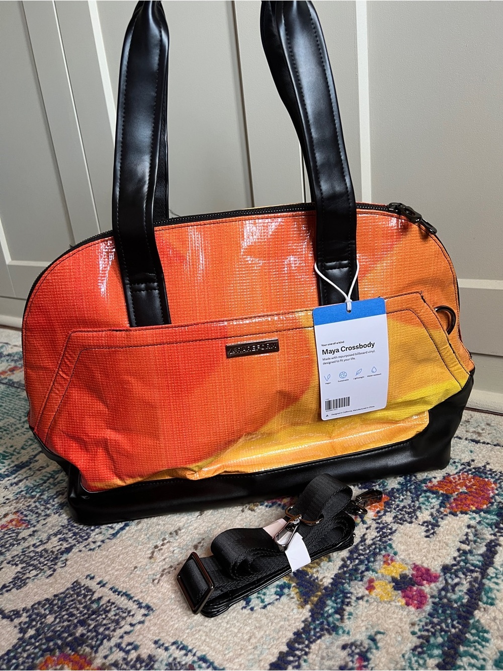 Rareform Maya Crossbody, One-of-a-Kind Recycled Billboard Satchel orange blue